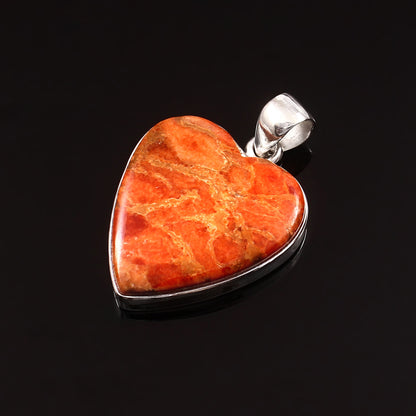 Schwammkorallen-Edelstein-Anhänger, 925er Sterlingsilber, orangefarbener Mohave-Anhänger, Herz-Anhänger, Modeschmuck, ca. 35 ct.