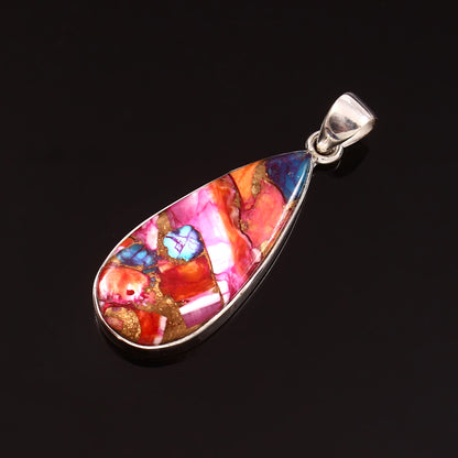 Kingman Pink Dahila Oyster Turquoise Pendant, 925 Sterling Silver, Spiny Oyster Pendant, Pear Shape Pendant, Fashion Jewelry, 27.5Ct Approx.