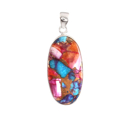 Kingman Pink Dahila Oyster Turquoise Pendant, 925 Sterling Silver, Spiny Oyster Pendant, Oval Pendant, Fashion Jewelry, 37.5Ct Approx.