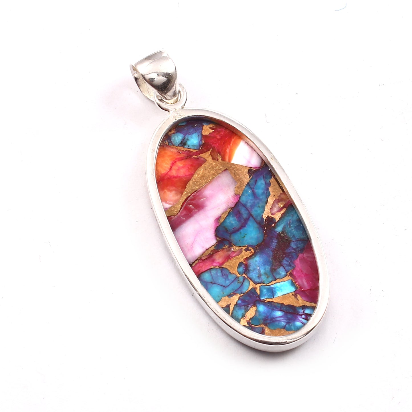 Kingman Pink Dahila Oyster Turquoise Pendant, 925 Sterling Silver, Spiny Oyster Pendant, Oval Pendant, Fashion Jewelry, 37.5Ct Approx.