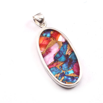 Kingman Pink Dahila Oyster Turquoise Pendant, 925 Sterling Silver, Spiny Oyster Pendant, Oval Pendant, Fashion Jewelry, 37.5Ct Approx.