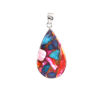 Kingman Pink Dahila Oyster Turquoise Pendant, 925 Sterling Silver, Spiny Oyster Pendant, Pear Pendant, Fashion Jewelry, 37.5Ct Approx.