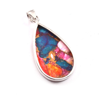 Kingman Pink Dahila Oyster Turquoise Pendant, 925 Sterling Silver, Spiny Oyster Pendant, Pear Pendant, Fashion Jewelry, 37.5Ct Approx.