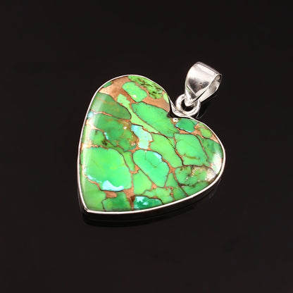 Green Copper Turquoise Gemstone Pendant, 925 Sterling Silver, Turquoise Pendant, Heart Pendant, Fashion Jewelry, 35Ct Approx.