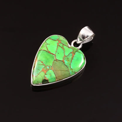 Green Copper Turquoise Gemstone Pendant, 925 Sterling Silver, Turquoise Pendant, Heart Pendant, Fashion Jewelry, 27.5Ct Approx.