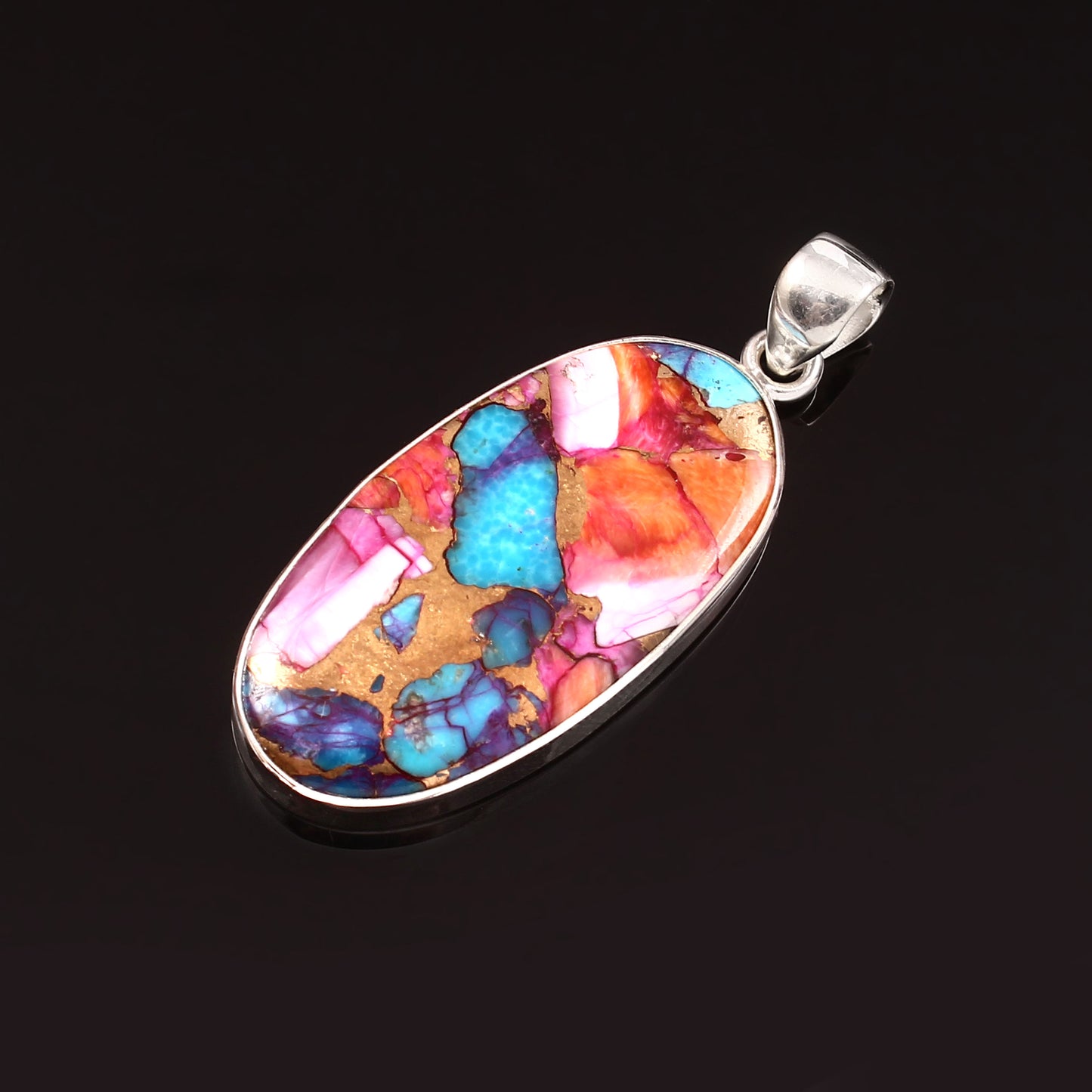 Kingman Pink Dahila Oyster Turquoise Pendant, 925 Sterling Silver, Spiny Oyster Pendant, Oval Pendant, Fashion Jewelry, 37.5Ct Approx.