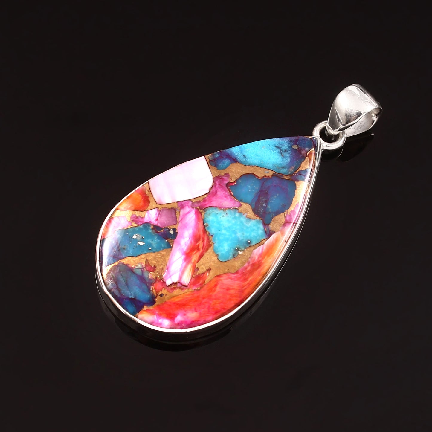 Kingman Pink Dahila Oyster Turquoise Pendant, 925 Sterling Silver, Spiny Oyster Pendant, Pear Pendant, Fashion Jewelry, 37.5Ct Approx.