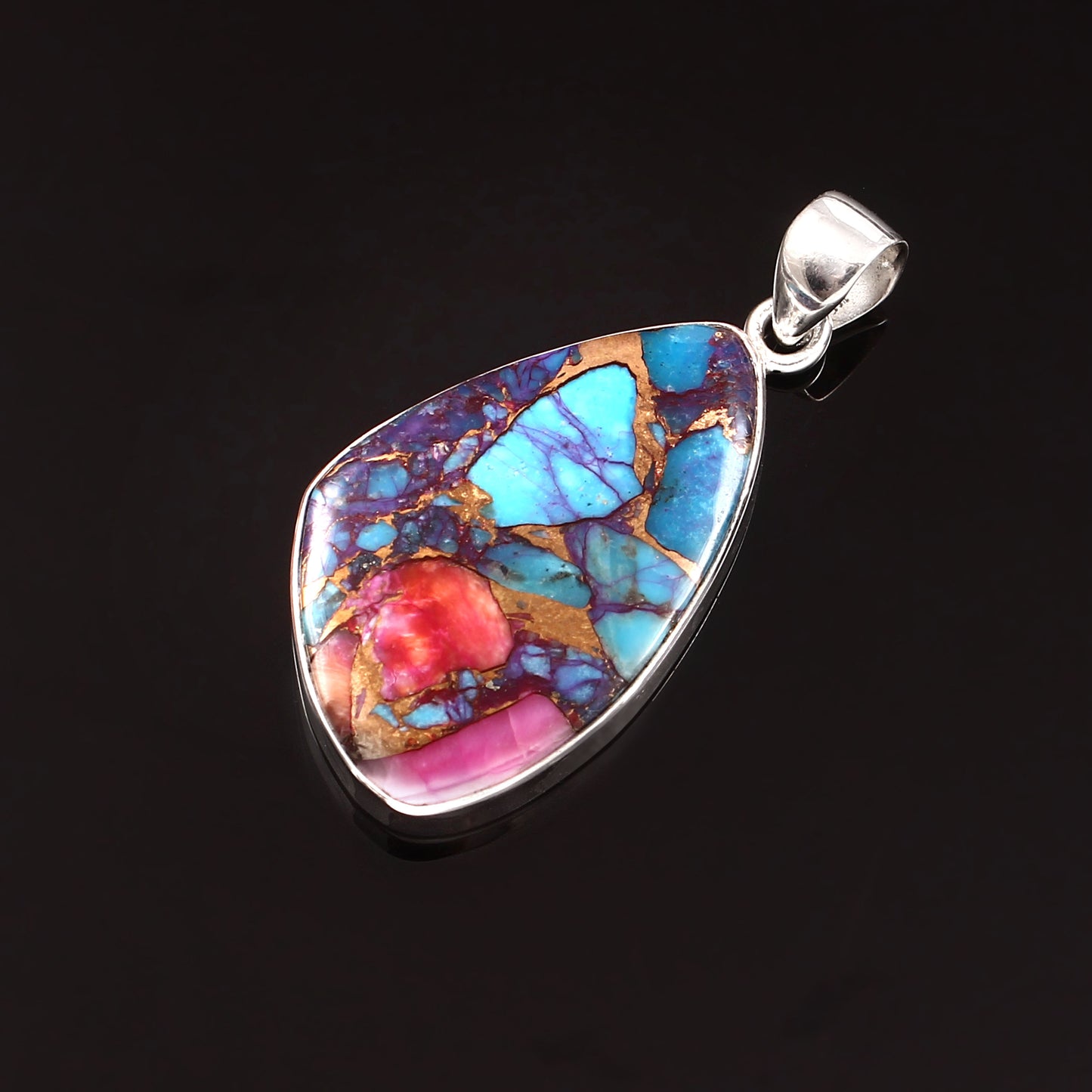 Kingman Pink Dahila Oyster Turquoise Pendant, 925 Sterling Silver, Spiny Oyster Pendant, Fancy Pendant, Fashion Jewelry, 32.5Ct Approx.