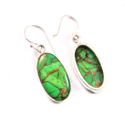 Green Copper Turquoise Earring, 925 Sterling Silver, Turquoise Earring, Copper Oval Shape Earring, Mohave Turquoise Earring, 30Ct Approx.