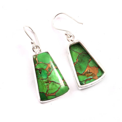 Green Copper Turquoise Earring, 925 Sterling Silver, Turquoise Earring, Oyster Copper Trapezoid Shape Earring, 32.5Ct Approx.