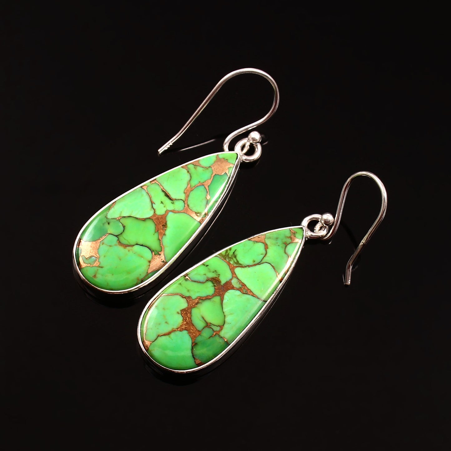 Green Copper Turquoise Earring, 925 Sterling Silver, Turquoise Earring, Copper Pear Shape Earring, Mohave Turquoise Earring, 35Ct Approx.