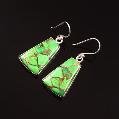 Green Copper Turquoise Earring, 925 Sterling Silver, Turquoise Earring, Oyster Copper Trapezoid Shape Earring, 32.5Ct Approx.