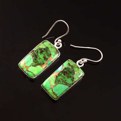 Green Copper Turquoise Earring, 925 Sterling Silver, Oyster Copper Turquoise Baguette Shape Earring Mohave Turquoise Earring, 32.5Ct Approx.