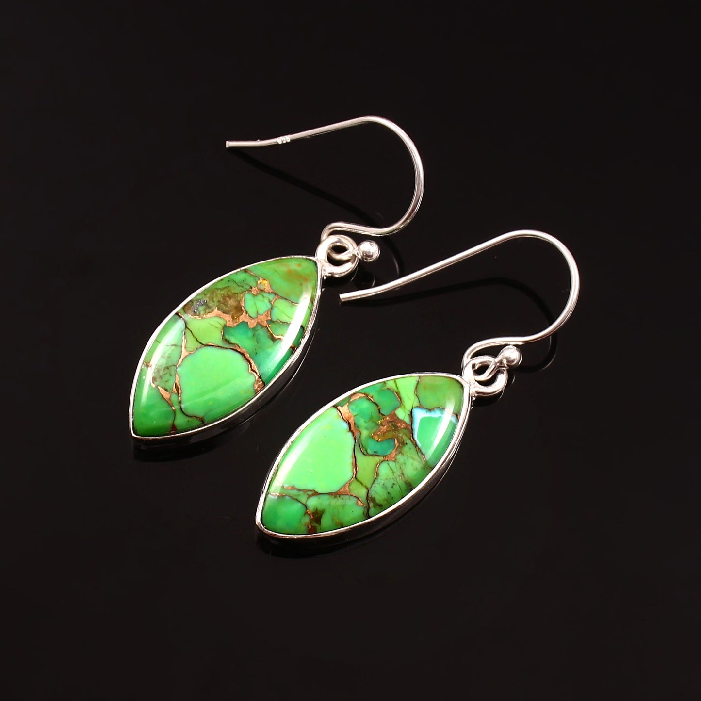 Green Copper Turquoise Earring, 925 Sterling Silver, Turquoise Earring, Marquise Shape Earring, Mohave Turquoise Earring, 30Ct Approx.