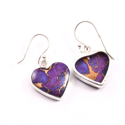 Purple Copper Turquoise Earring, 925 Sterling Silver, Turquoise Earring, Turquoise Heart Shape Earring, Gemstone Earring, 27.5Ct Approx.