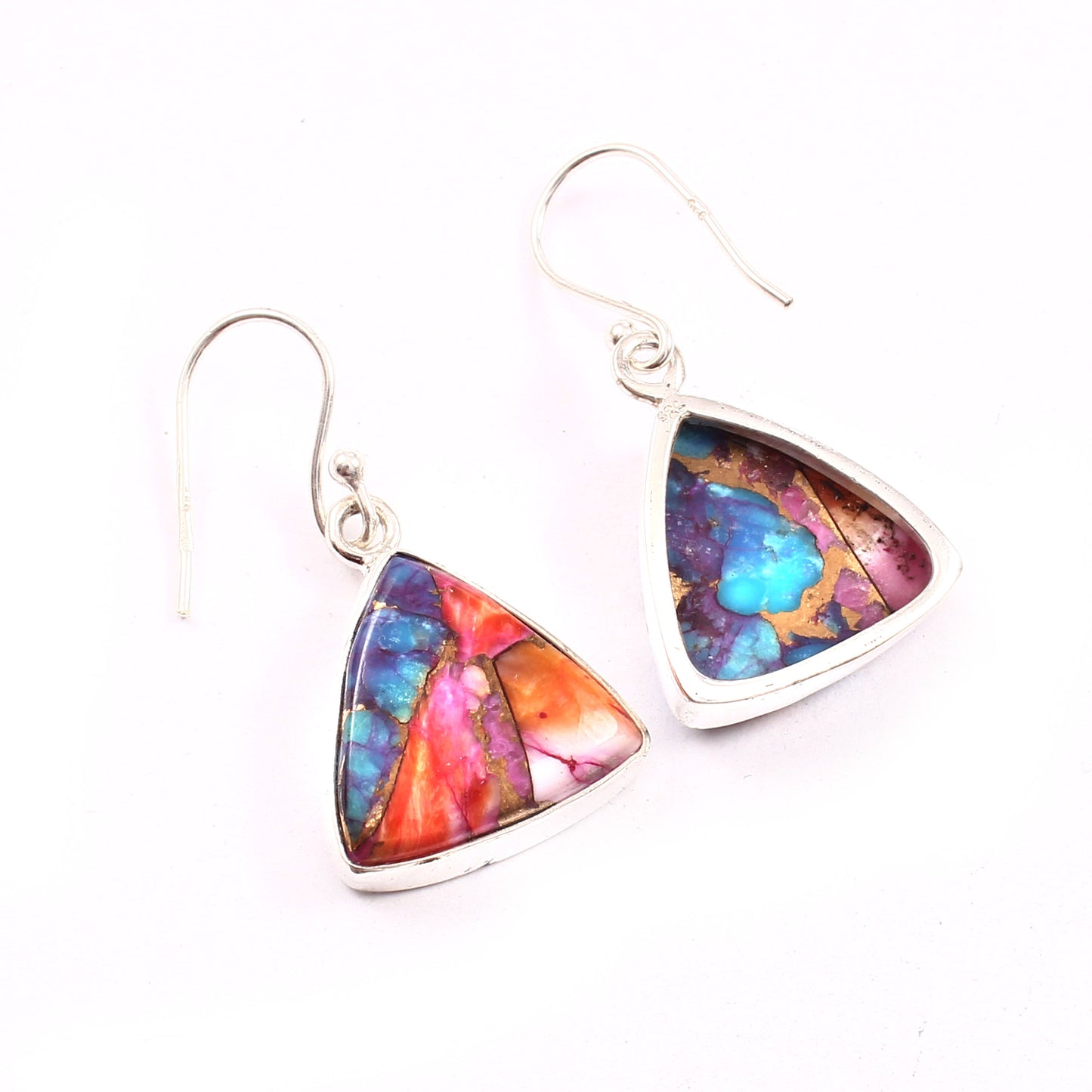 Kingman Pink Dahila Oyster Turquoise Earring, 925 Sterling Silver, Spiny Turquoise Earring, Trillion Shape Earring, 25Ct Approx.