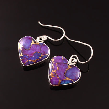 Purple Copper Turquoise Earring, 925 Sterling Silver, Turquoise Earring, Turquoise Heart Shape Earring, Gemstone Earring, 27.5Ct Approx.