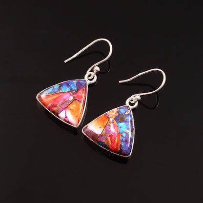 Kingman Pink Dahila Oyster Turquoise Earring, 925 Sterling Silver, Spiny Turquoise Earring, Trillion Shape Earring, 25Ct Approx.