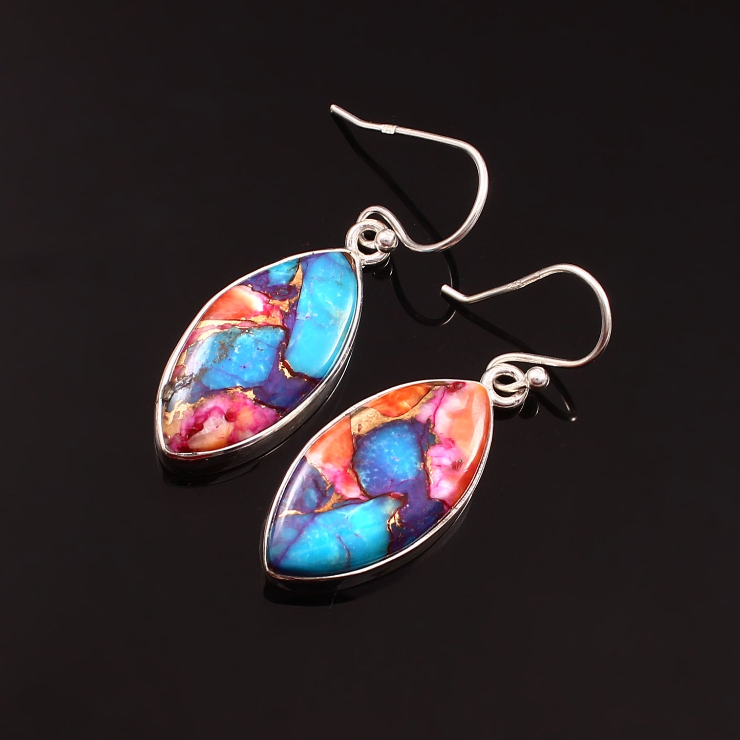 Kingman Pink Dahila Oyster Turquoise Earring, 925 Sterling Silver, Turquoise Earring, Marquise Shape Earring, Gemstone Earring, 30Ct Approx.