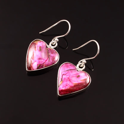 Kingman Pink Dahila Oyster Turquoise Earring, 925 Sterling Silver, Spiny Turquoise Earring, Heart Shape Earring, 32.5Ct Approx.