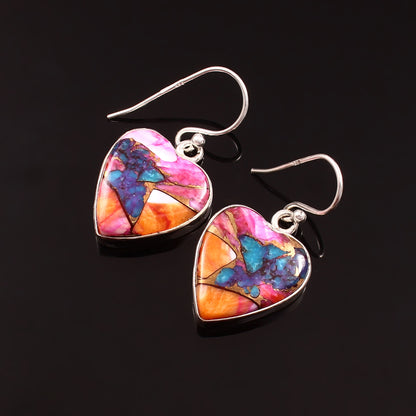 Kingman Pink Dahila Oyster Turquoise Earring, 925 Sterling Silver, Spiny Turquoise Earring, Heart Shape Earring, 27.5Ct Approx.