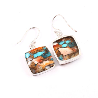 Spiny Oyster Turquoise Earring, 925 Sterling Silver Earring, American Spiny Turquoise Earring, Cushion Shape Earring, 32.5Ct Approx.