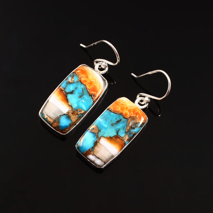 Spiny Oyster Turquoise Earring, 925 Sterling Silver Earring, Spiny Turquoise Earring Baguette Shape Earring Fashion Jewelry, 32.5Ct Approx.