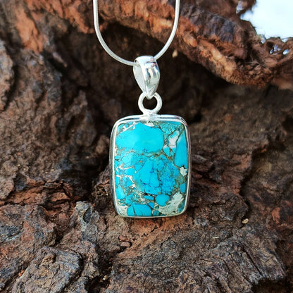 Magnesite Copper Mohave Gemstone Silver Jewelry Pendant, 925 Sterling Silver Pendant, Party Wear Silver Necklace, 27x17x6mm Approx.