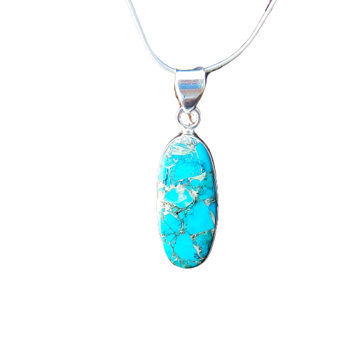 Magnesite Copper Mohave Gemstone Silver Jewelry Pendant, 925 Sterling Silver Pendant, Party Wear Silver Necklace, 35x13x5mm Approx.