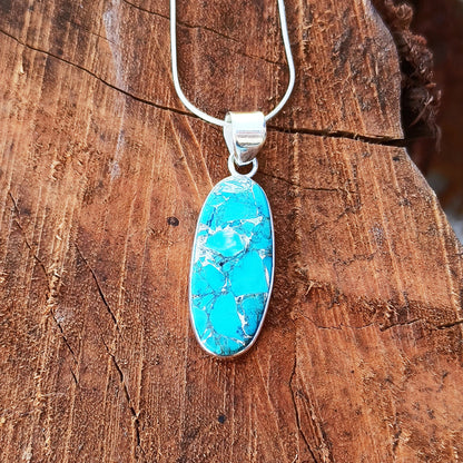 Magnesite Copper Mohave Gemstone Silver Jewelry Pendant, 925 Sterling Silver Pendant, Party Wear Silver Necklace, 35x13x5mm Approx.