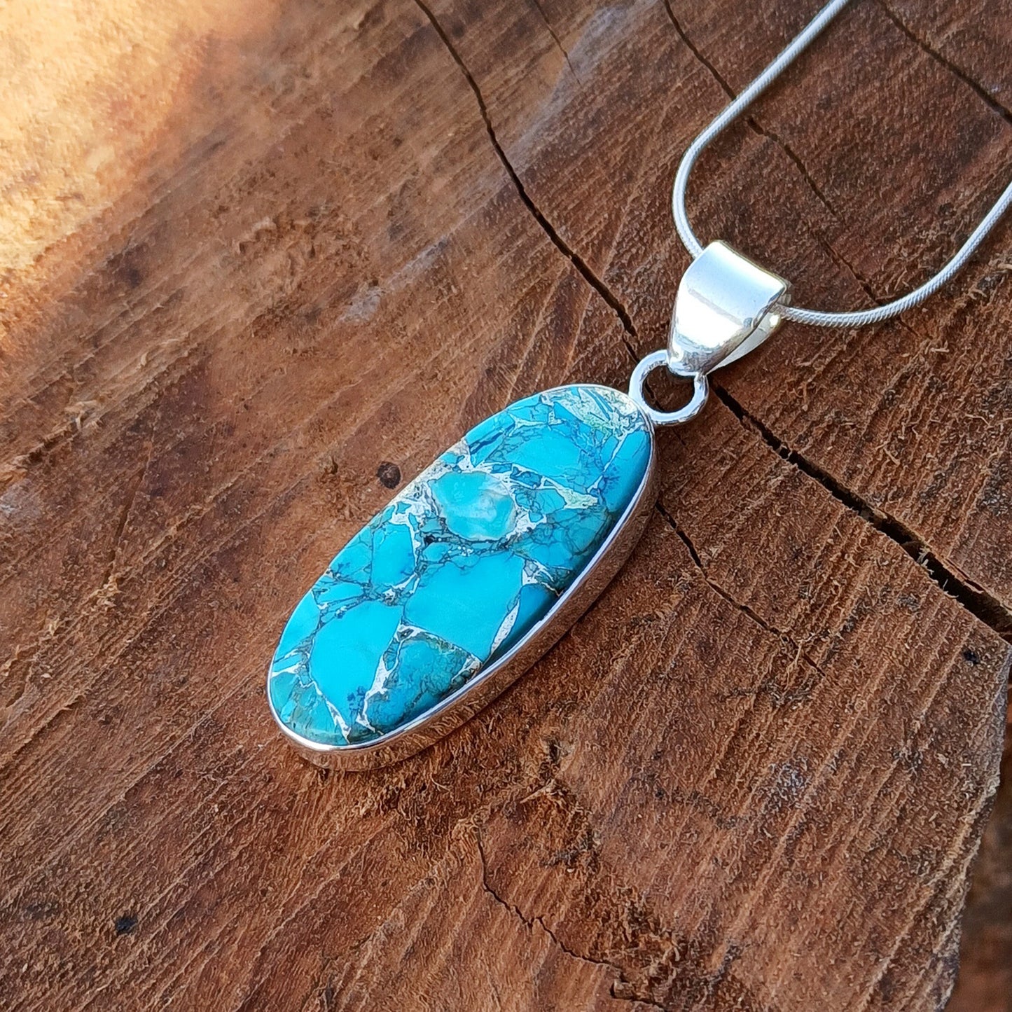 Magnesite Copper Mohave Gemstone Silver Jewelry Pendant, 925 Sterling Silver Pendant, Party Wear Silver Necklace, 35x13x5mm Approx.