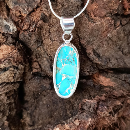 Magnesite Copper Mohave Gemstone Silver Jewelry Pendant, 925 Sterling Silver Pendant, Party Wear Silver Necklace, 35x13x5mm Approx.