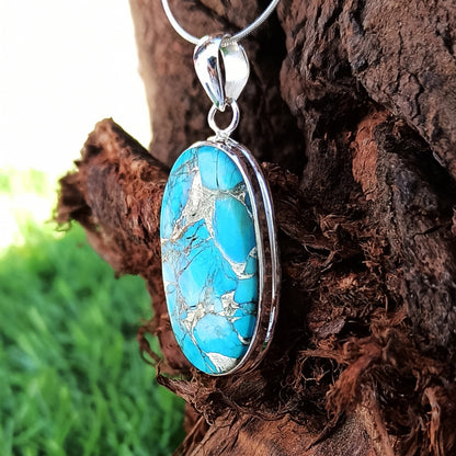 Magnesite Copper Mohave Gemstone Silver Jewelry Pendant, 925 Sterling Silver Pendant, Party Wear Silver Necklace, 35x17x6mm Approx.