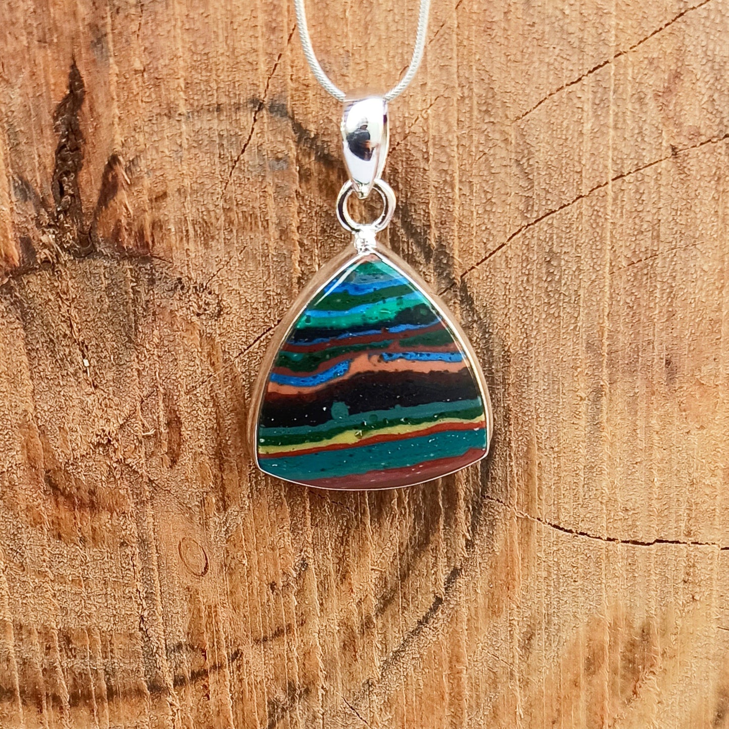 Rainbow Calsilica Gemstone Silver Pendant, Rainbow Calsilica Necklace Gemstone Solid 925 Sterling Silver Charm Pendant, 28x23x5mm Approx.