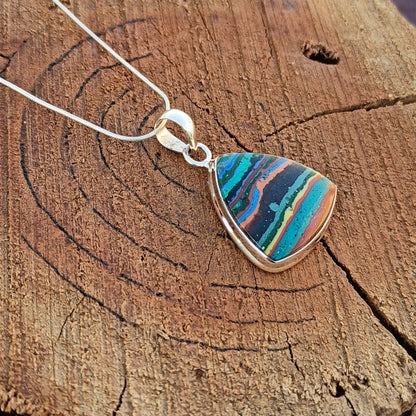 Rainbow Calsilica Gemstone Silver Pendant, Rainbow Calsilica Necklace Gemstone Solid 925 Sterling Silver Charm Pendant, 28x23x5mm Approx.