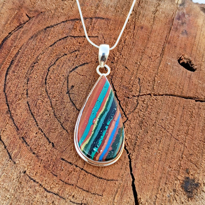 Rainbow Calsilica Gemstone Pendant Rainbow Calsilica Necklace Solid 925 Sterling Silver Charm Pendant, 38x20x6mm Approx.