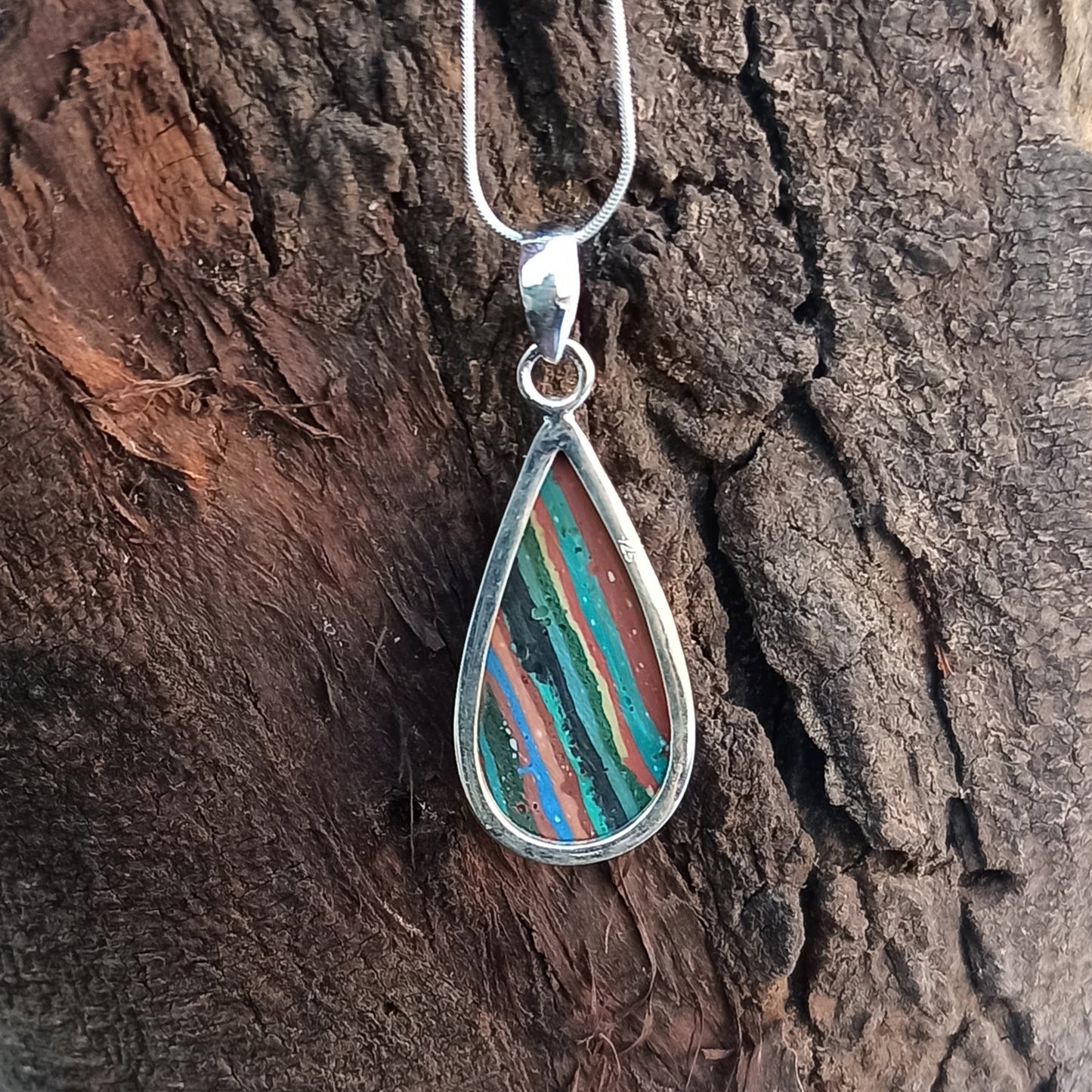 Rainbow Calsilica Gemstone Pendant Rainbow Calsilica Necklace Solid 925 Sterling Silver Charm Pendant, 38x20x6mm Approx.