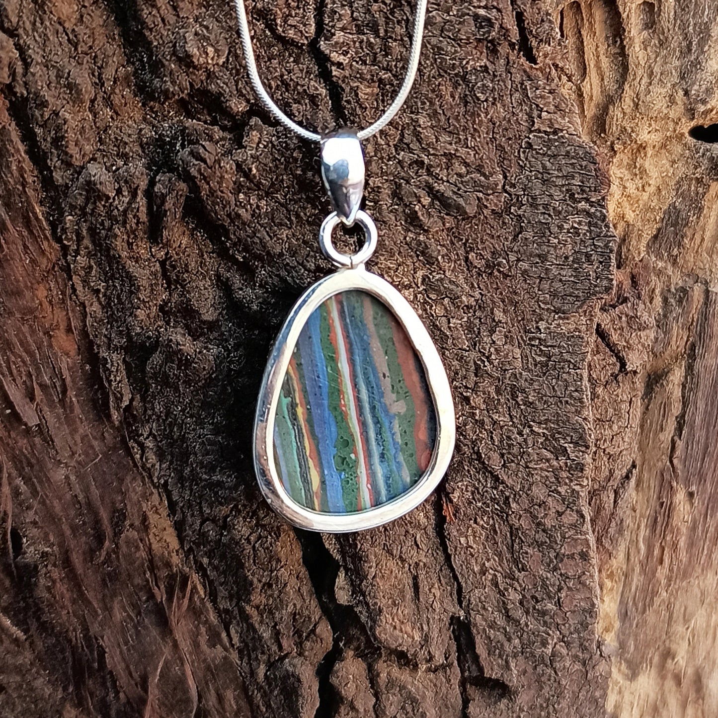 Rainbow Calsilica Gemstone Pendant Rainbow Calsilica Necklace Solid 925 Sterling Silver Charm Pendant, 30x19x6mm Approx.