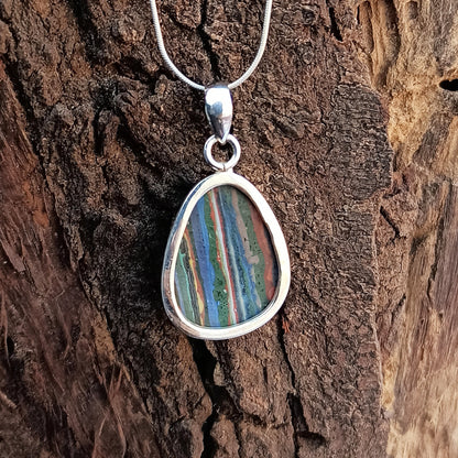 Rainbow Calsilica Gemstone Pendant Rainbow Calsilica Necklace Solid 925 Sterling Silver Charm Pendant, 30x19x6mm Approx.