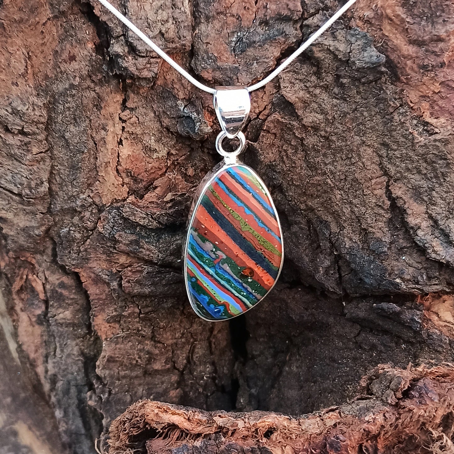 Rainbow Calsilica Gemstone Silver Pendant, Rainbow Calsilica Necklace Gemstone Solid 925 Sterling Silver Charm Pendant, 35x18x5mm Approx.