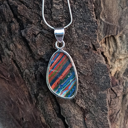 Rainbow Calsilica Gemstone Silver Pendant, Rainbow Calsilica Necklace Gemstone Solid 925 Sterling Silver Charm Pendant, 35x18x5mm Approx.