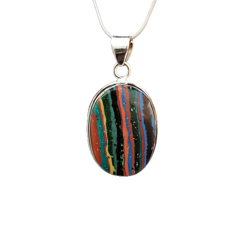 Rainbow Calsilica Gemstone Pendant Rainbow Calsilica Necklace Solid 925 Sterling Silver Charm Pendant, 34x21x6mm Approx.