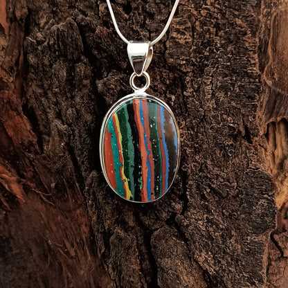 Rainbow Calsilica Gemstone Pendant Rainbow Calsilica Necklace Solid 925 Sterling Silver Charm Pendant, 34x21x6mm Approx.