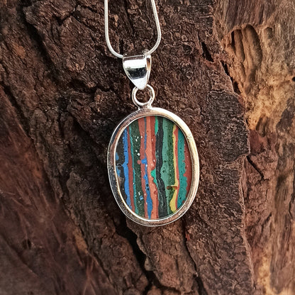 Rainbow Calsilica Gemstone Pendant Rainbow Calsilica Necklace Solid 925 Sterling Silver Charm Pendant, 34x21x6mm Approx.