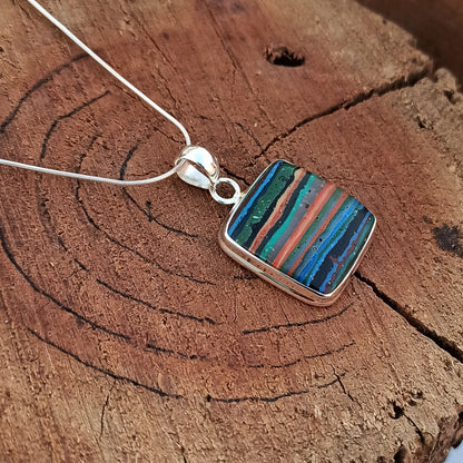 Rainbow Calsilica Gemstone Pendant Rainbow Calsilica Necklace Solid 925 Sterling Silver Charm Pendant, 28x22x6mm Approx.