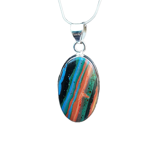 Rainbow Calsilica Gemstone Pendant Rainbow Calsilica Necklace Solid 925 Sterling Silver Charm Pendant, 34x17x5mm Approx.