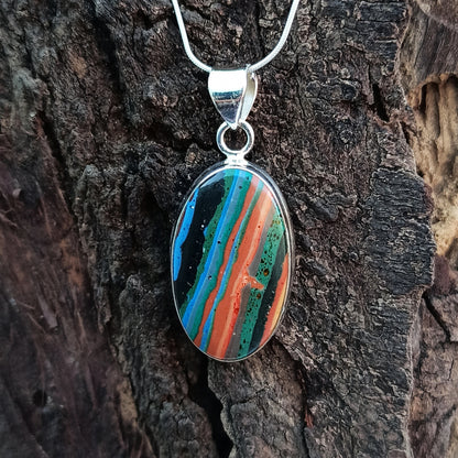 Rainbow Calsilica Gemstone Pendant Rainbow Calsilica Necklace Solid 925 Sterling Silver Charm Pendant, 34x17x5mm Approx.