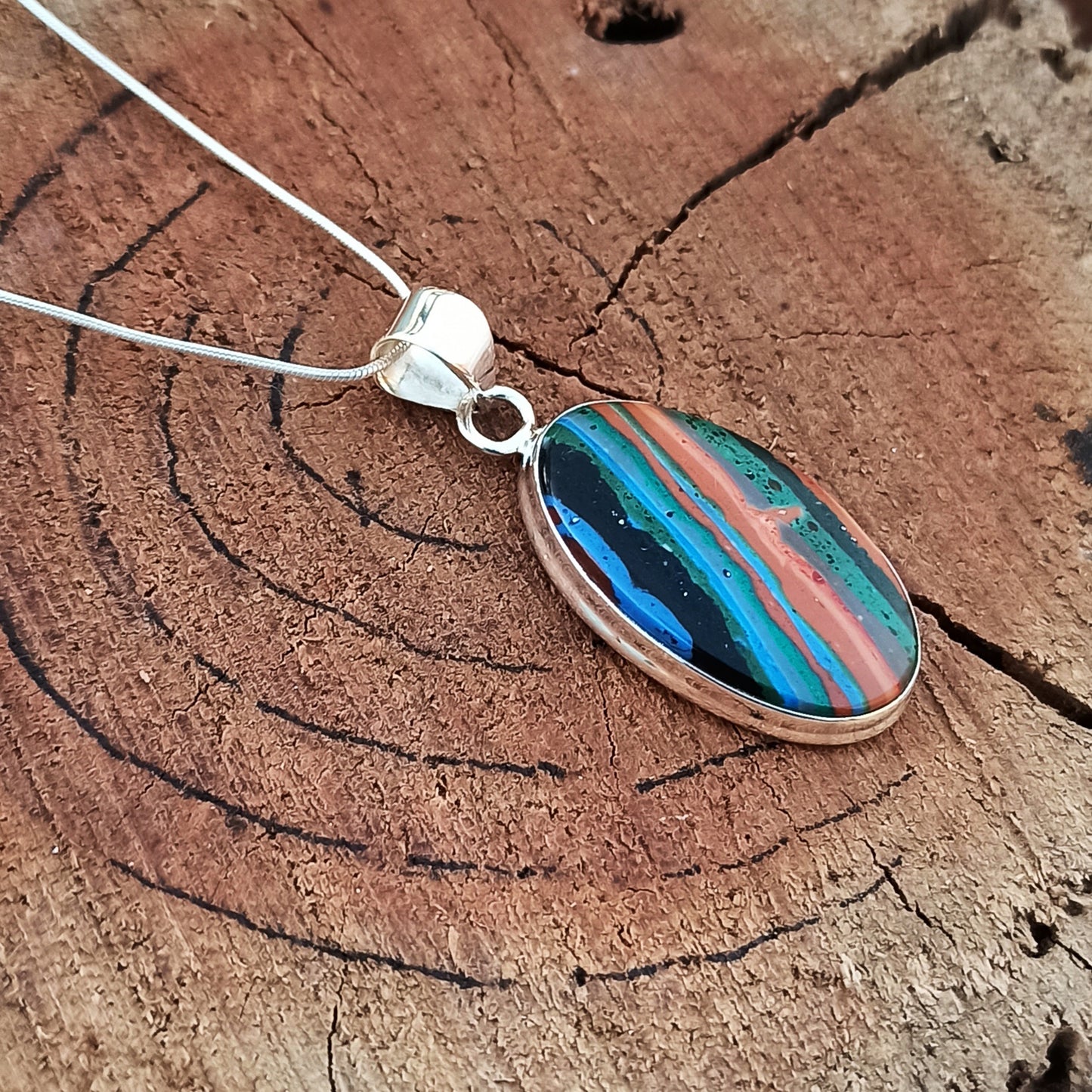 Rainbow Calsilica Gemstone Pendant Rainbow Calsilica Necklace Solid 925 Sterling Silver Charm Pendant, 34x17x5mm Approx.