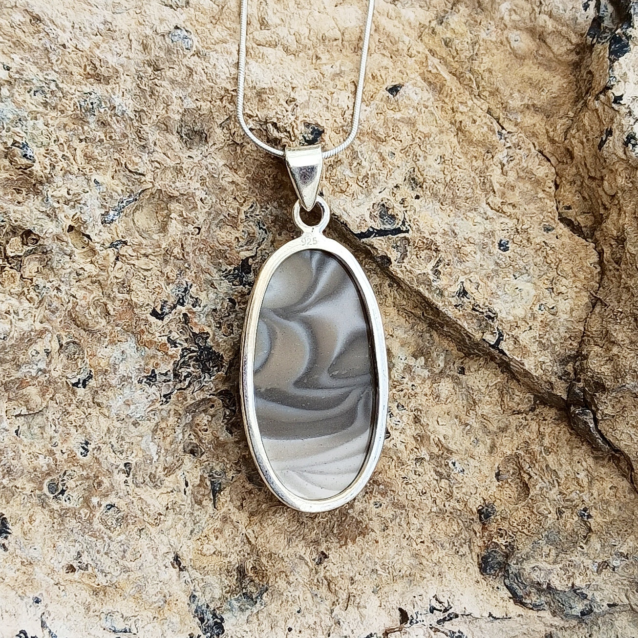 Polish Flint Gemstone Sliver Pendant, 925 Sterling Silver Solid Statement Pendant, 40x19x6mm Approx.