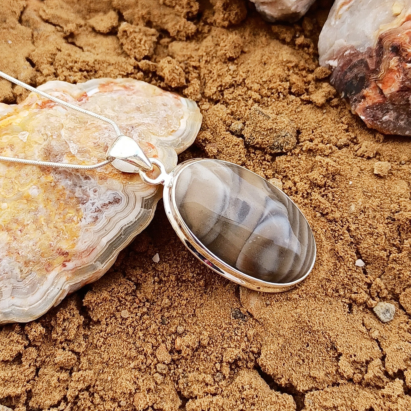 Polish Flint Gemstone Pendant, 925 Sterling Silver Pendant, Handmade Statement Silver Pendant, 37x20x7mm Approx.